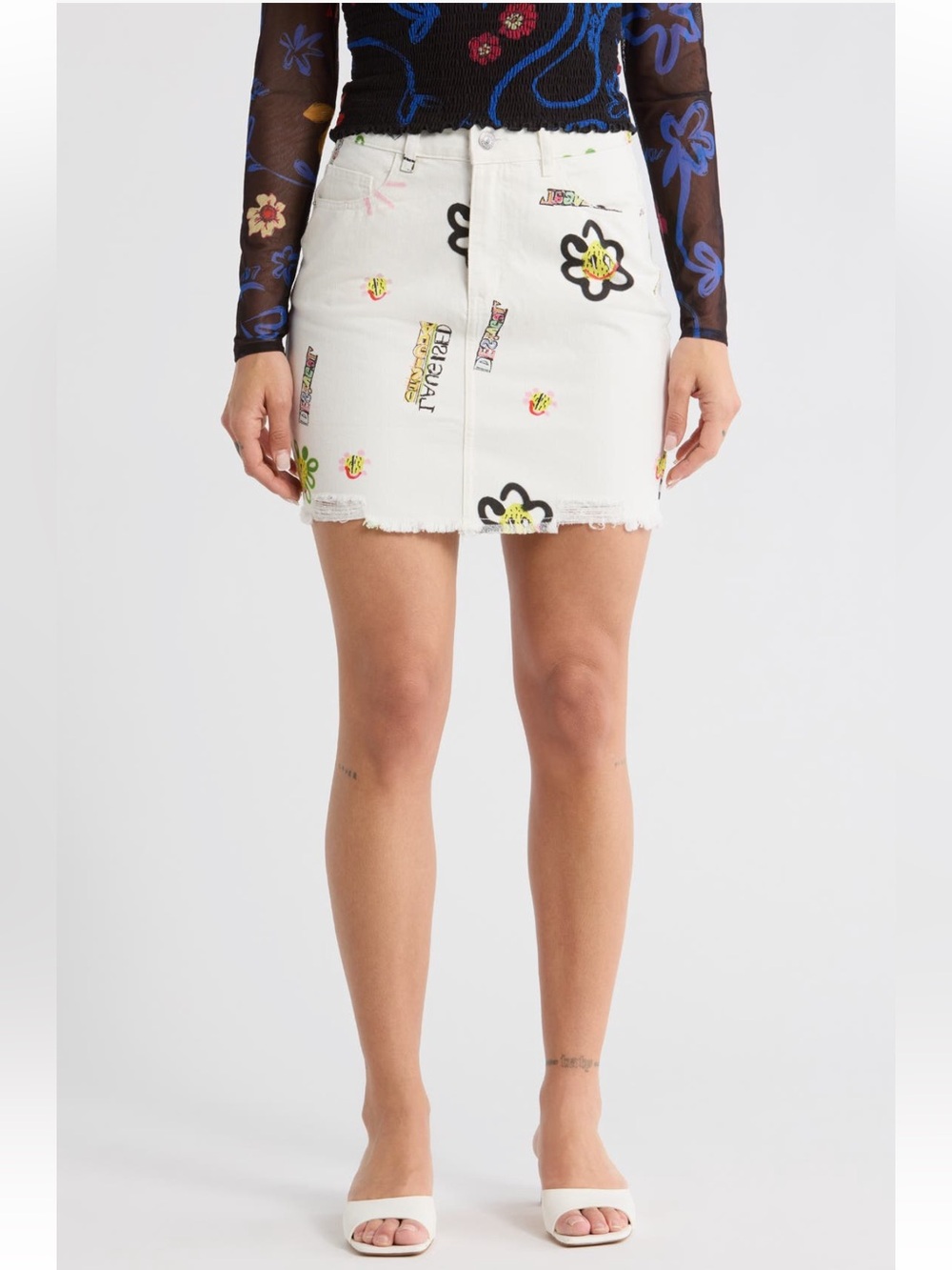 Desigual Ilustration Denim Miniskirt in White